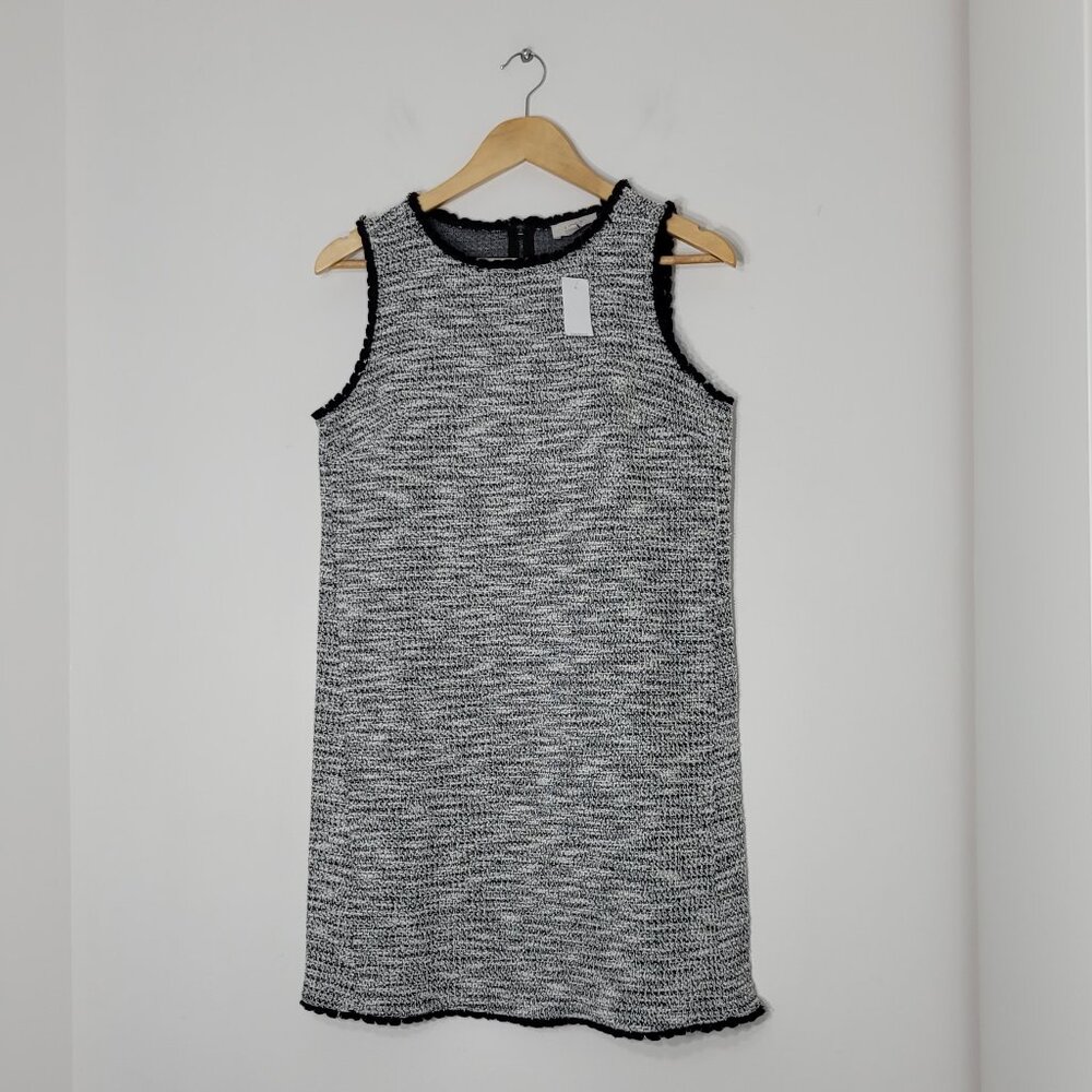 🏒 LOFT NEW Black & White Sleeveless Tweed Fringe Hem Shift Dress Small NWT
